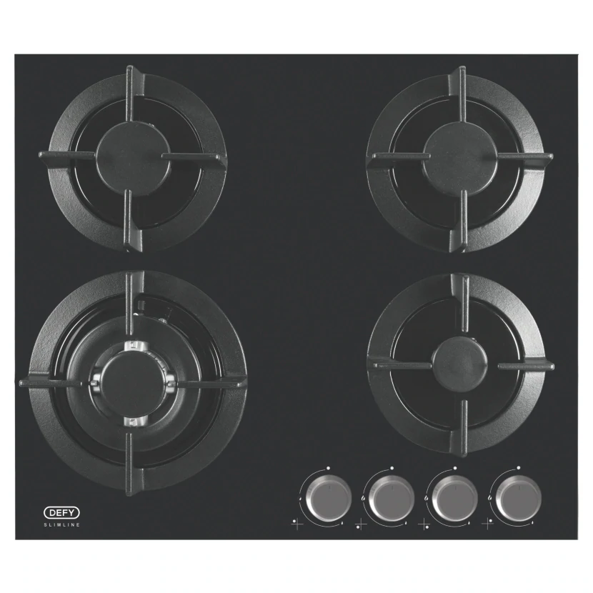 Defy slimline four burner black glass gas hob with front controls