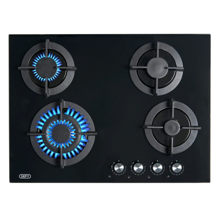 Defy Gemini 70cm gas on glass hob with wok burner alight