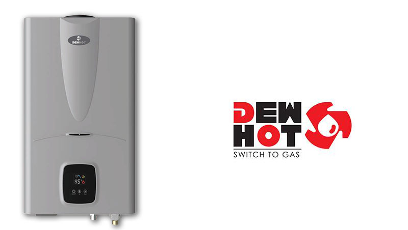 12L Constant Temperature Gas Geyser: geyser beside the red Dew Hot Switch To Gas logo