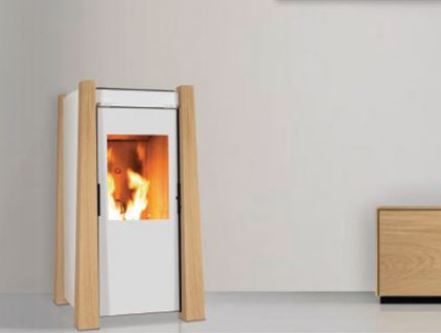 Ecoforest Keops: white pellet stove with wood side panels