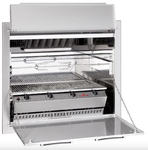 Burner Entertainer forced draught gas braai, 4 burners, flat top with the internal baffle visible and the door dropped open