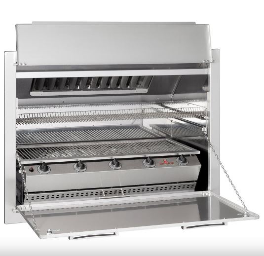 Burner Entertainer forced draught gas braai, 5 burners, flat top with the internal baffle visible and the door dropped open