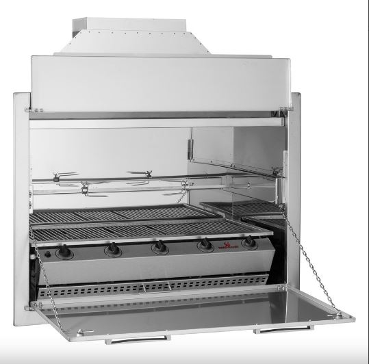 Burner Entertainer natural draught gas braai, 5 burners, with the chimney gather above and the door dropped open
