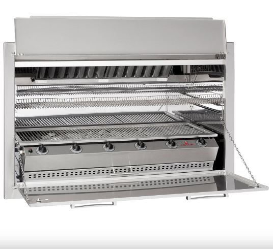Burner Entertainer forced draught gas braai, 6 burners, flat top with the internal baffle visible and the door dropped open