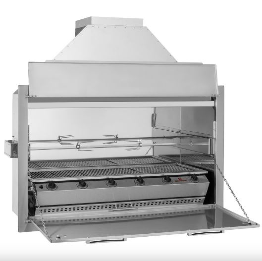 Burner Entertainer natural draught gas braai, 6 burners, with the chimney gather above and a rotisserie skewer fitted