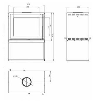 Canature Taurus SI dimension drawing, with front, side and top views and the flue position