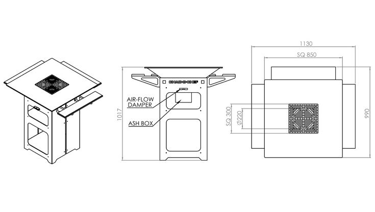 Dimensions drawing of the Chad-O-Chef Boma Braai labelling the air-flow damper and ash box