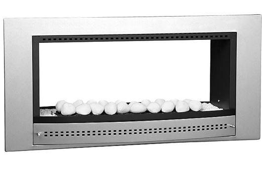 Contemporary Fireplace: stainless double-sided gas fireplace with pebbles