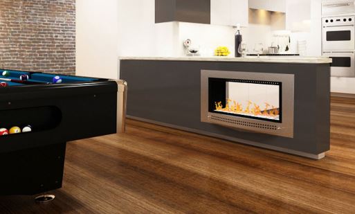 Contemporary Fireplace: double-sided gas fireplace in a kitchen wall