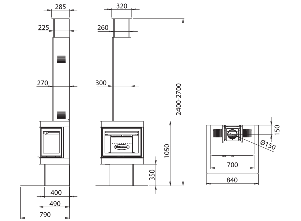 Dovre 2575 S3 dimension drawing in millimetres, with side, front and top views