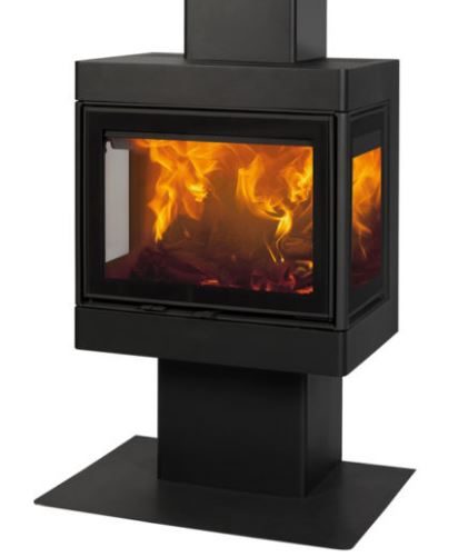 Dovre 2575 S3 three-sided glass firebox on its steel pedestal