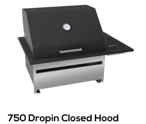 Drop-in BBQ grill, 750 model in black with the hood closed and a lid thermometer