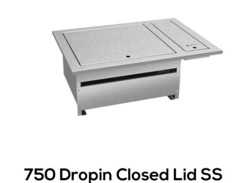 Drop-in BBQ grill, 750 model in stainless steel with the two-piece lid closed