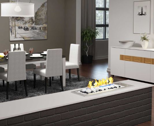 Drop-In Fireplace: stainless drop-in gas fire in a kitchen island