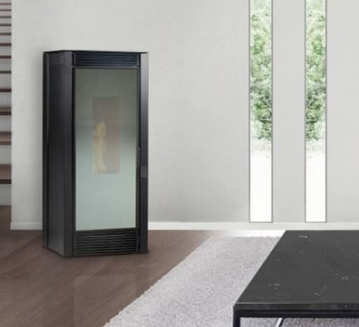 Ecoforest Dubai: black freestanding pellet stove in a lounge