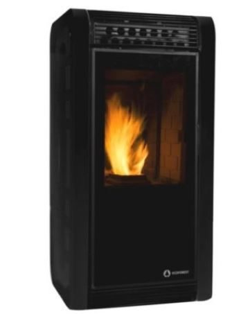 Ecoforest freestanding pellet fireplace in black, alight, front view