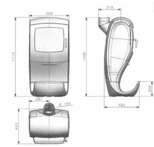 Godin Cobra dimension drawing, with front, side and top views