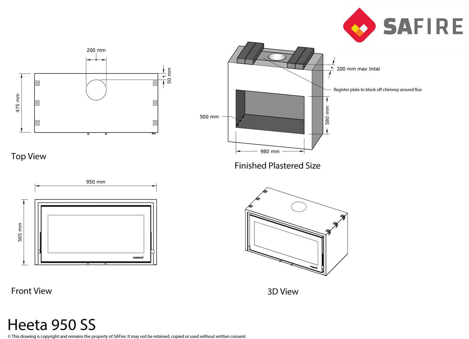 Heeta 950 insert dimension drawing, with top, front and 3D views and the finished plastered size
