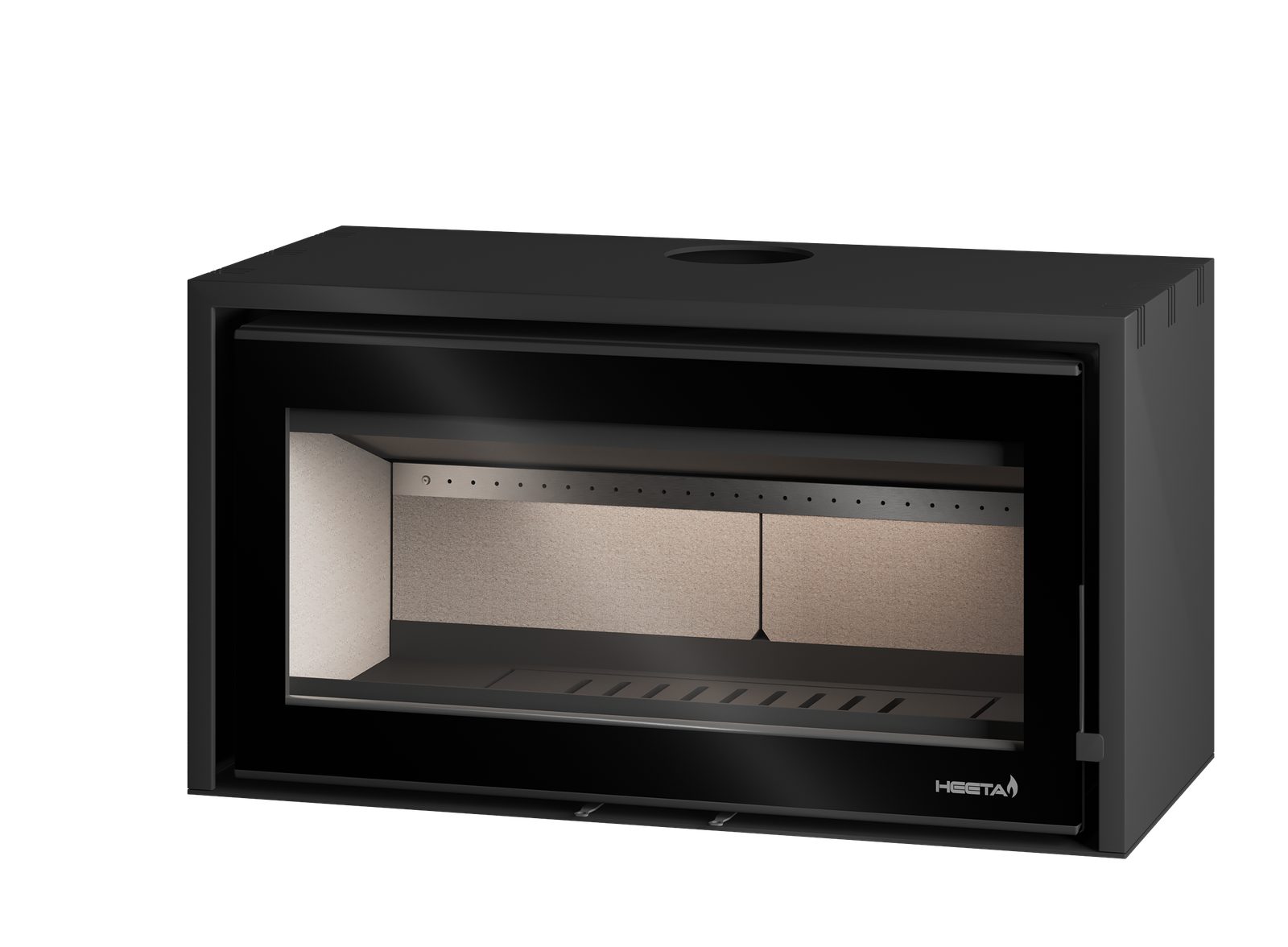 Heeta 950 insert, a black steel firebox with a wide glass door, front view