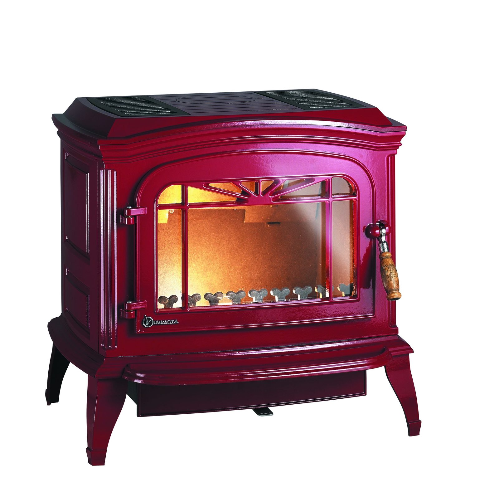 Invicta Bradford cast iron stove in red enamel, three-quarter view