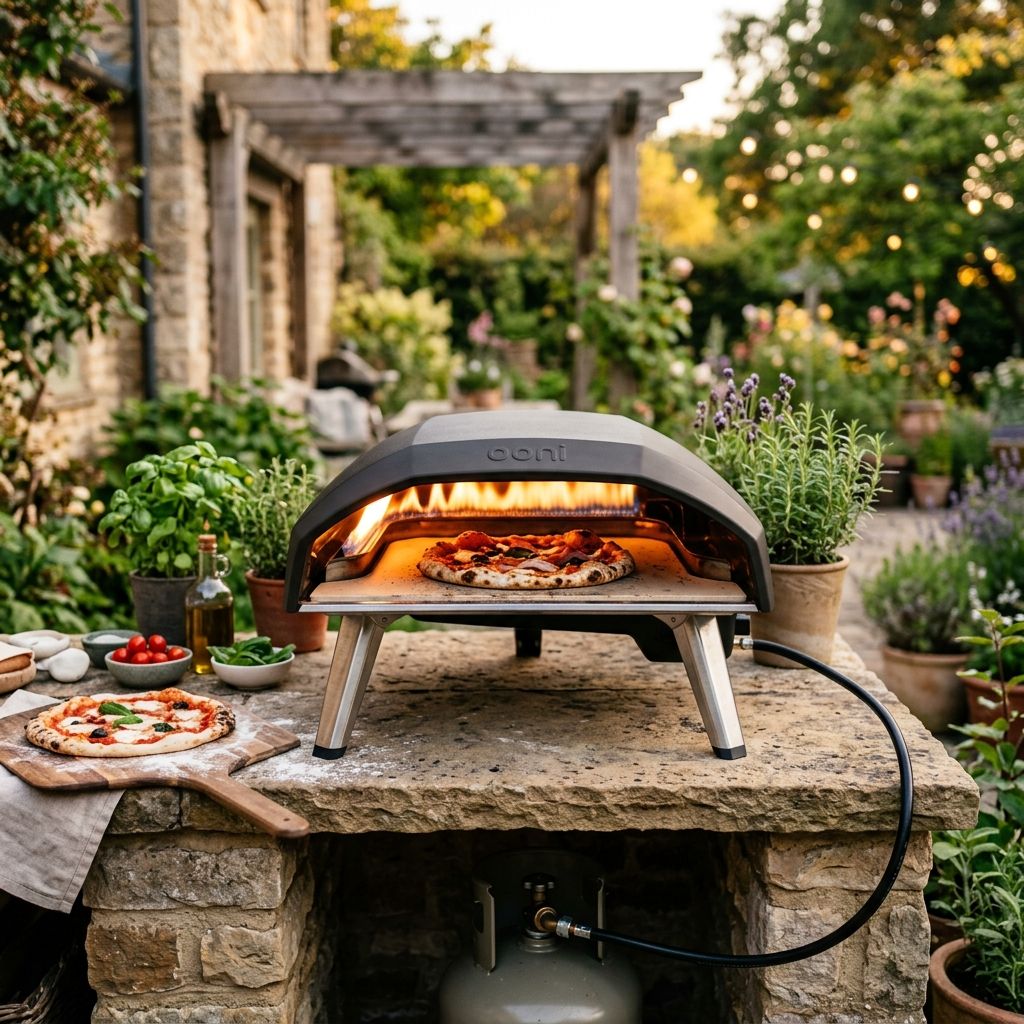 Gas pizza oven firing on a stone patio counter, a margherita pizza cooking on the stone with the burner flame across the roof and the gas bottle connected below