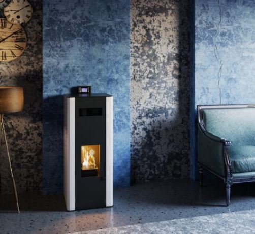 Elettra: white freestanding pellet stove in a lounge