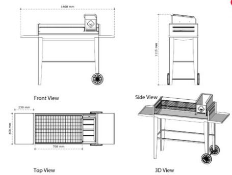 Dimensions drawing of the Saffa Patio Braai with front, side, top and 3D views
