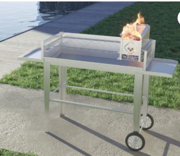 Saffa Patio Braai, a stainless steel trolley braai on wheels with side shelves and a lit ember maker