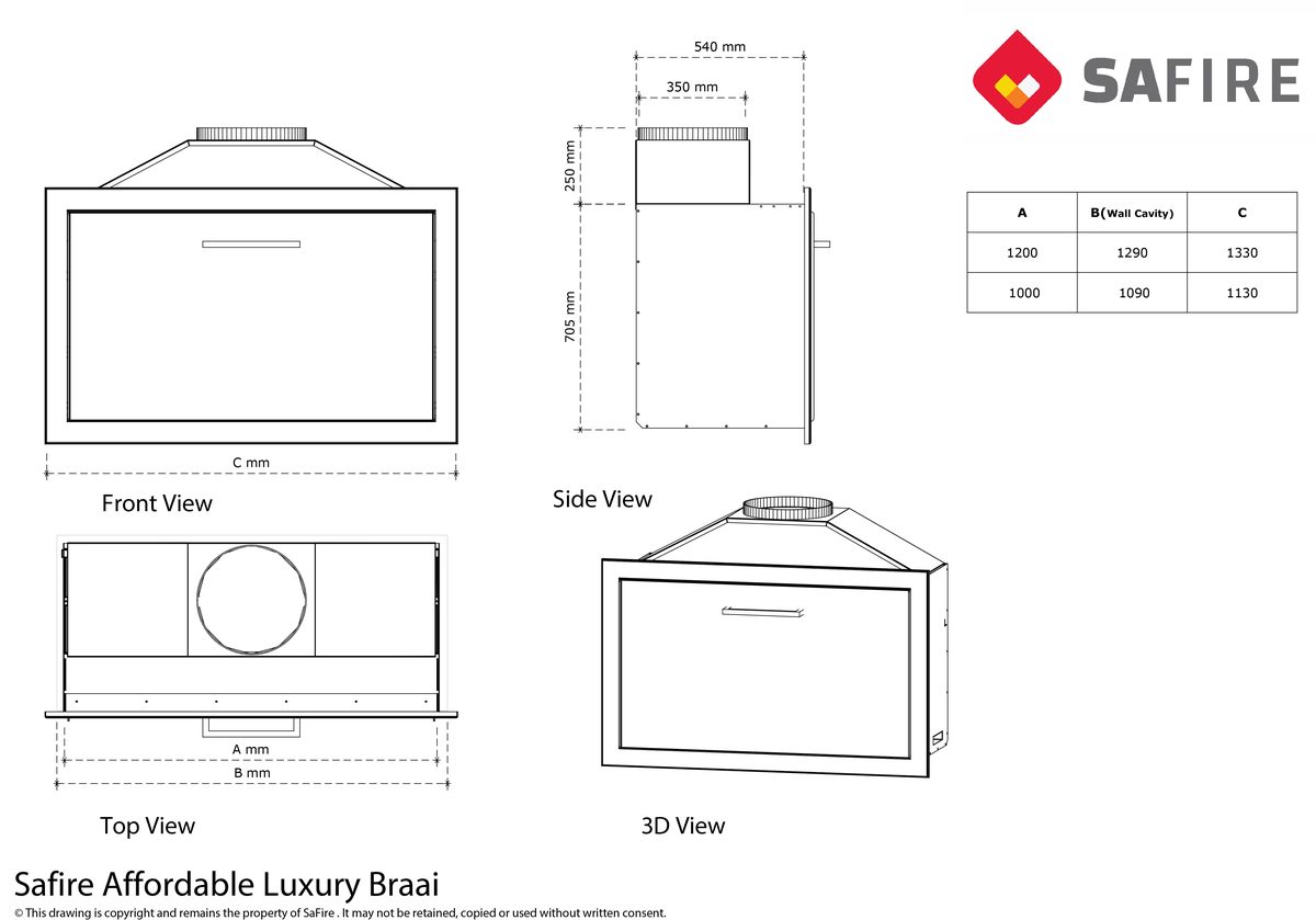 Dimensions drawing of the SAFire Affordable Luxury braai with front, side, top and 3D views and 1200 and 1000 model sizes