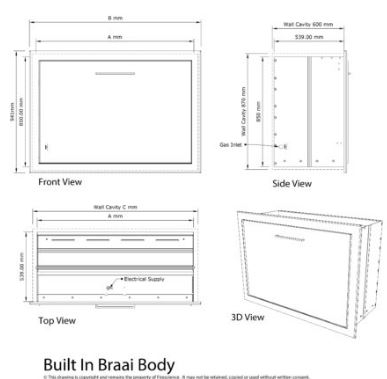 Dimensions drawing of the SAFire built-in braai body with front, side, top and 3D views and wall cavity sizes
