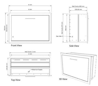 Dimensions drawing of the SAFire gas built-in braai with front, side, top and 3D views and wall cavity sizes