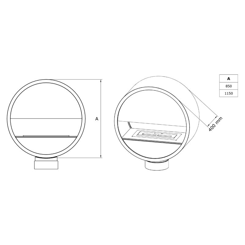 SAFire Pendulum dimension drawing, with front and angled views