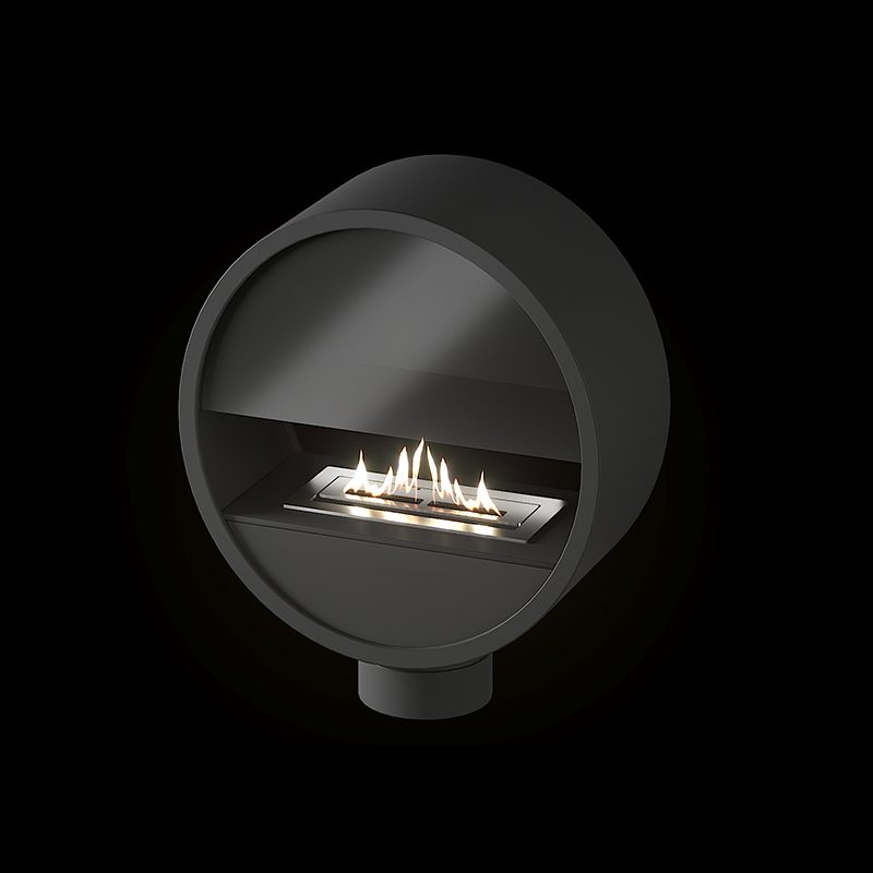 SAFire Pendulum round gas fire alight against a black background