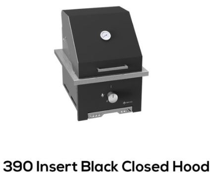 SAFire table top gas grill, 390 insert in black with the hood closed and a lid thermometer