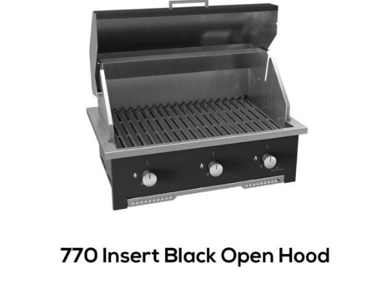 SAFire table top gas grill, 770 insert in black with the hood open, showing three burners and the grill grids