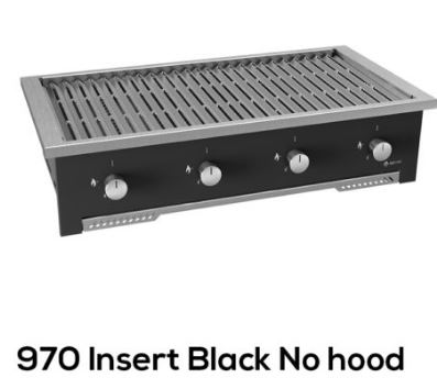 SAFire table top gas grill, 970 insert in black with no hood, showing four burners and the open grill top