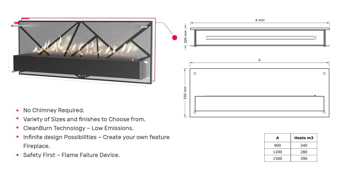 Vision WallArt specification sheet, with dimension drawings, features and the size table