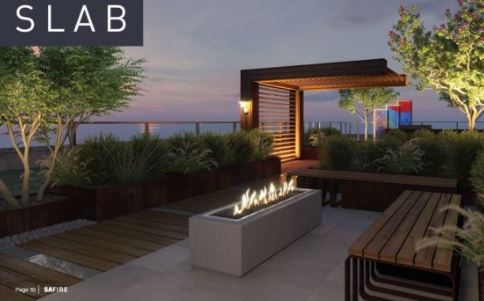 Slab: Safire Slab linear fire pit table on a patio